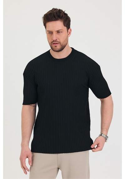 Tarz Cool Erkek Bisiklet Yaka Fitilli Kısa Kollu Ince Triko T-shirt Siyah