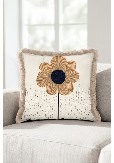 Çiçek Botanik Saçaklı Yastık Kılıfı - Minimal Floral Bohem Bej Siyah Vizon Püsküllü Kırlent Kılıfı Siyah