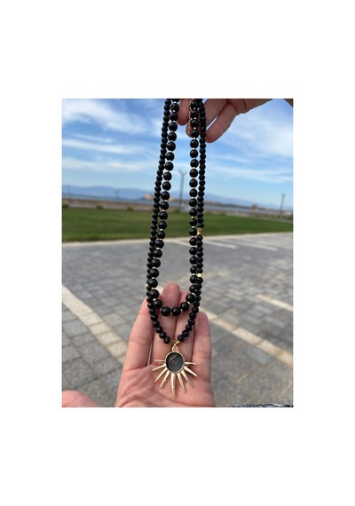 Siyah Kristal Boncuk Ve Cam Boncuk İkili Kolye Seti Siyah Siyah