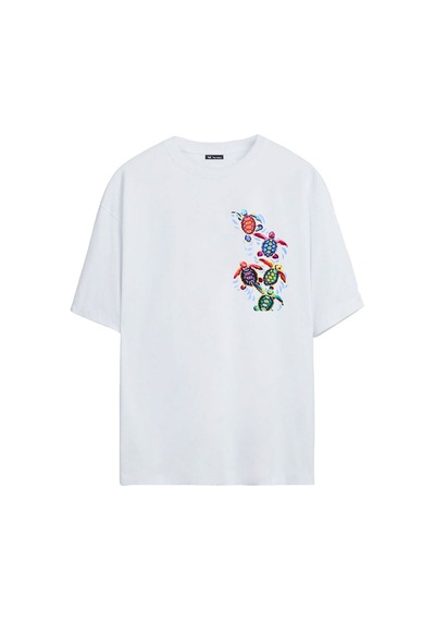 Thewert Unisex 5 Renkli Kaplumbağa Baskılı Beyaz Oversize Tshirt