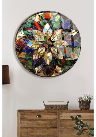 Vitray Çiçek Mandala Cam Tablo Modern Sanat Tablosu Canlı Renkli Baskı Ofis Ve Çalışma Odası Anlamlı Hediye Seçeneği Kolay Montaj Askılı