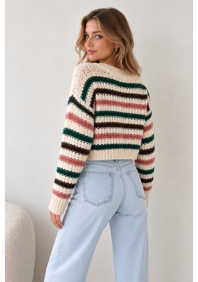Lima Çok Renkli Kadın Ekru Çizgili Crop Triko Kazak Bisiklet Yaka Oversize Uzun Kollu Örgü Kazak Lima Çok Renkli Kadın Ekru Çizgili Crop Triko Kazak Bisiklet Yaka Oversize Uzun Kollu Örgü Kazak