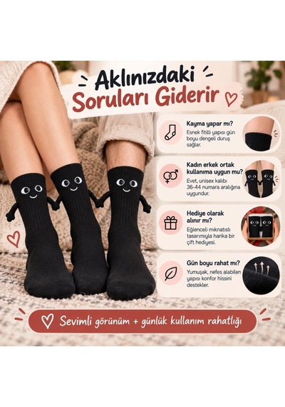 Womanandkids Wak Mıknatıslı El Ele 2'li Unisex Tutuşan Sevimli Çorap 36-44 Çift Hediyesi, Pamuklu Renkli Crew M Siyah