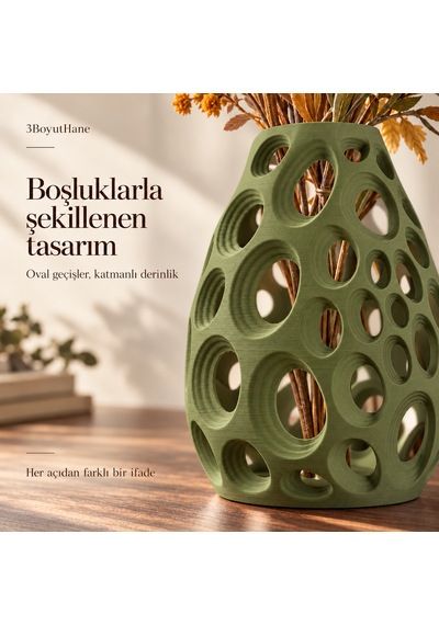 Dekoratif Vazo 20 Cm Oval Delikli Modern Tasarım Kuru Ve Yapay Çiçek Vazosu Haki