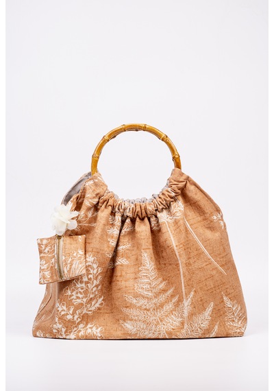 Fabric Craft Bag El Çantası Keten Kumaş Bambu Saplı Çiçek Desen Taba - Kahverengi