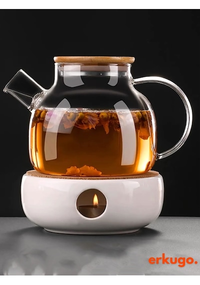 Vakumlu Bambu Kapaklı Isıya Dayanıklı Borosilikat Cam Demlik, Süzgeçli Demlik 1000 Ml Teapot Şeffaf