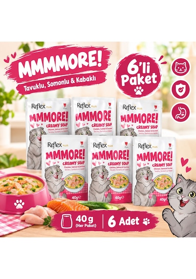 Reflex Plus Mmore Tavuklu,somonlu Ve Kabaklı Kremalı Kedi Çorbası 40 Gr 6lı Set