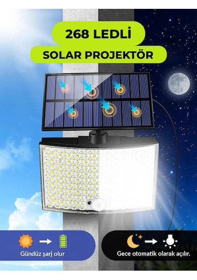 268 Led'li Solar Projektör 60w Güneş Enerjili 5 Mt Kablo Sensörlü Kumandalı Heroled Dış Mekan A