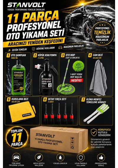 11 Parça Profesyonel Oto Yıkama Ve Araç Temizlik Seti 1000 Ml Oto Şampuan, 2 Lt Köpük Pompası, Mop