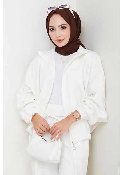 Bestenur Fermuarlı Oversize Takım 1595 - Beyaz Beyaz