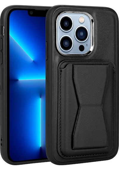 Kilifone - Apple Uyumlu iPhone 12 Pro - Kılıf Kart Bölmeli El Tutacaklı Stand Olan Pu Deri Memo Kapak - Siyah