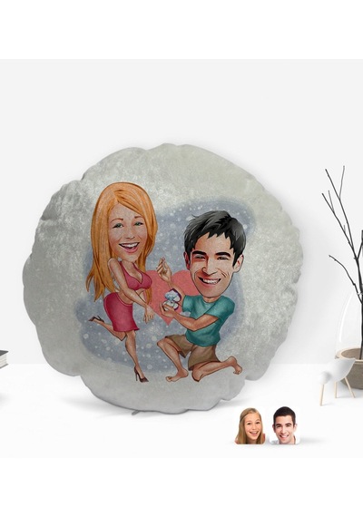 Bk Gift Kişiye Özel Sevgililer Karikatürlü Yuvarlak Dekoratif Kırlent Yastık-19 Çok Renkli