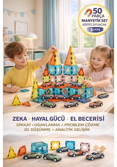50 Parça Manyetik Blok Seti Eğitici Zeka Oyunu, 3d Yapı Oyuncak, 3+ Yaş