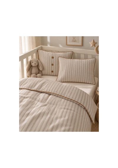 H&c 4 Parça Bebek Nevresim Takımı Krem Kahve Çizgili 100x150 CM Nevresim Çarşaf 2 Yastık Kılıfı