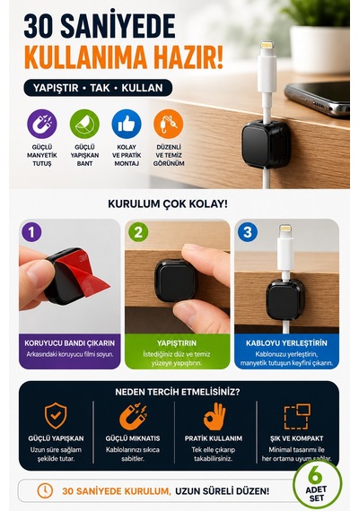 Manyetik Kablo Düzenleyici Kablo Tutucu 6'lı Set Yapışkanlı Kablo Sabitleyici Masa Kablo Düzeni