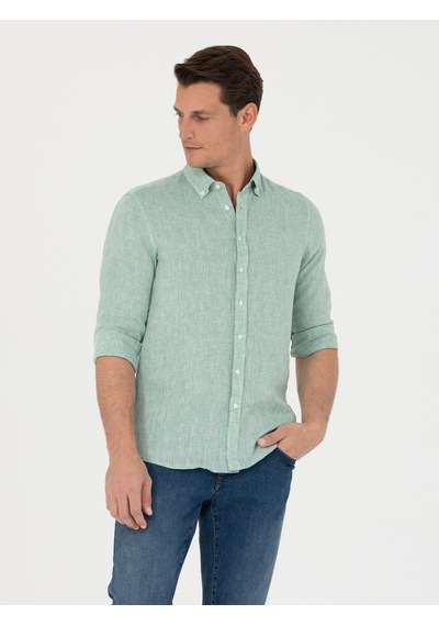 Cacharel Haki Slim Fit %100 Keten Gömlek Yeşil