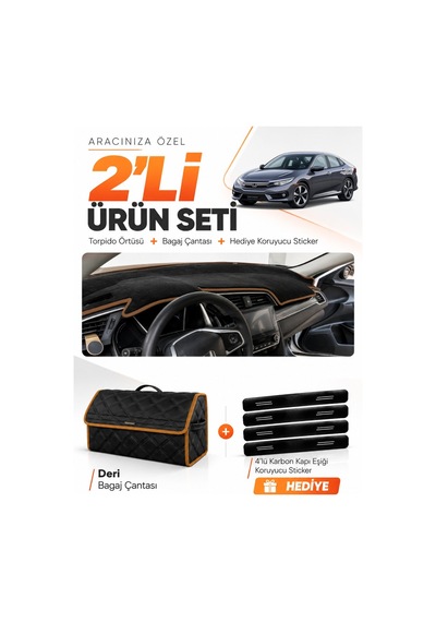 Honda Cıvıc Fc5 2015-2022 Uyumlu Torpido Örtüsü + Deri Bagaj Çantası + Sticker - Siyah Kahverengi
