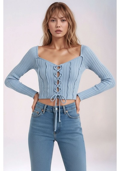 Mamayaga Kadın Yuvarlak Yaka Önden Bağcıklı Uzun Kol Fitilli Crop Boy Spor Şık Bluz Buz Mavisi Mamayaga Kadın Yuvarlak Yaka Önden Bağcıklı Uzun Kol Fitilli Crop Boy Spor Şık Bluz Buz Mavisi