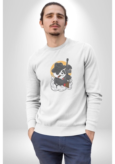 Gangster Panda Unisex Beyaz Baskılı Sweatshirt Beyaz
