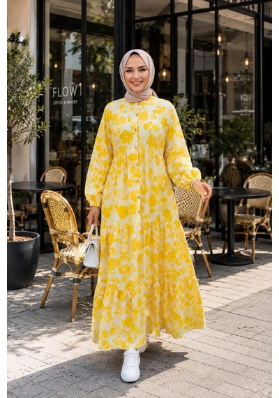 Hb Harma Time Butik Kadın Düğmeli Desenli Modal Kumaş Sarı Elbise Hardal