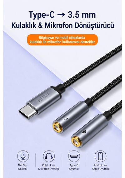 Type-c - Çift 3.5mm Kulaklık Mikrofon Dönüştürücü, Ses Ayırıcı Adaptör, Type-c Telefon Tablet Bilgisayar Uyumlu, Mikrofon Ve Kulaklık İçin Tak Çalıştır Aux Çevirici A563c