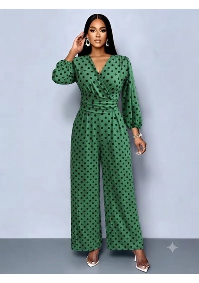 Bhrwear Kadın Uzun Kollu Kruvaze Yakalı Belden Büzgülü Uzun Desenli Süprem Tulum Renkli