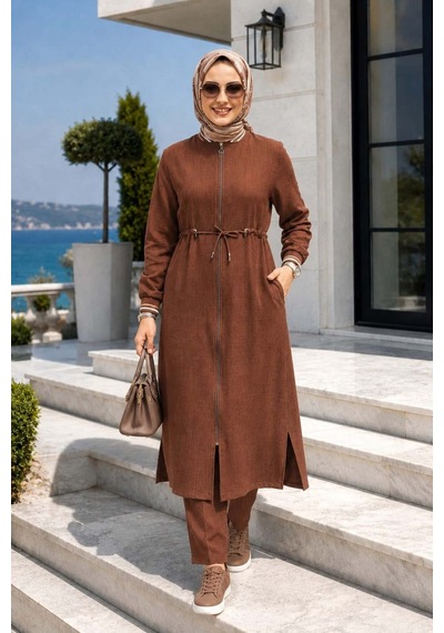 Hb Harma Time Butik Kadın Ribanalı Fermuarlı Kahverengi Keten Tunik Pantolon İkili Takım Acı Kahve Acı Kahve