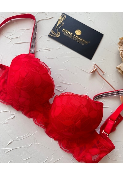 Jasmine Askıları Parlak Taşlı Hafif Destekli Dantelli Soft Cup İt Kırmızı