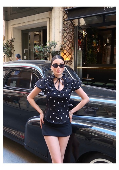 Kechi Woman Poplin Kumaş Puantiyeli Bağlamalı Gömlek Siyah