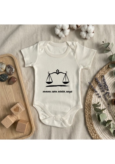 Babysena Terazi Burcu Baskılı Kız & Erkek Bebek Kısa Kollu Body Beyaz