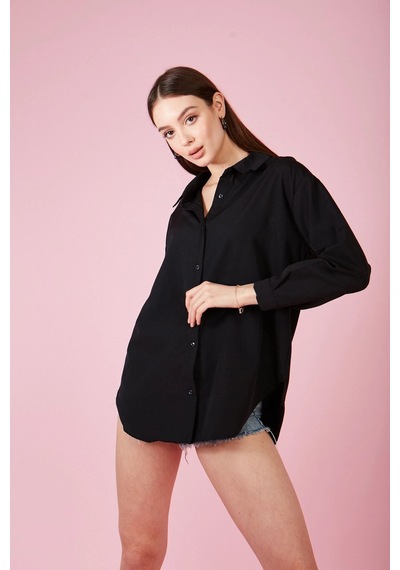 Meecy Kadın Siyah Arkası Düğmeli Oversize Poplin Gömlek Siyah SİYAH