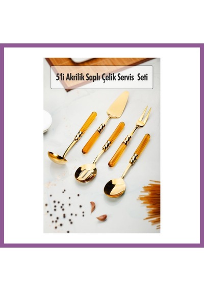 Bezos 5 Parça Gold Servis Seti & Servis Sunum Seti Amber Kepçe / Kevgir / Sıpatula / Çatal / Kaşık Rengaren