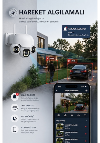 Wifi 3 Motorize Kameralı Adaptörlü Gece Görüşlü Hareket Takipli Güvenlik Kamerası
