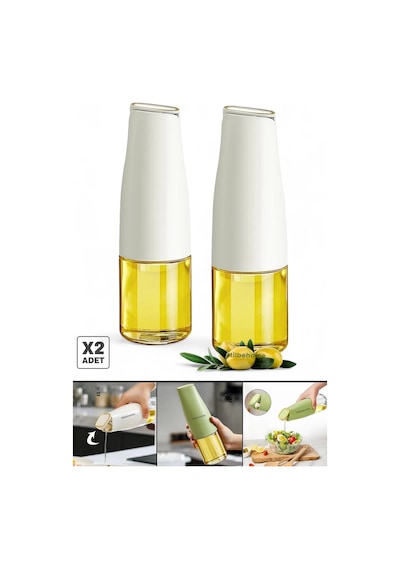 Tilbe Home 2li Fonksiyonlu Cam Yağdanlık 500ml Yerçekimi Otomatik Kapak Açma Damlatmayan Ağızlı Yağl Beyaz