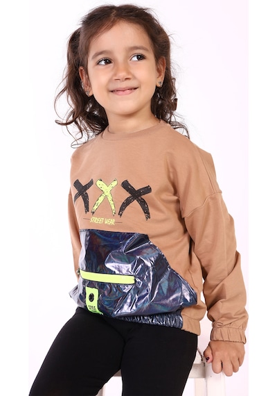 Toontoy Kız Çocuk Cep Detaylı Baskılı Sweatshirt Kahverengi