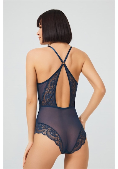 Cottonhill Petrol Yeşili Çıtçıtlı Dantel Transparan Sırt Çapraz İpli Bodysuit P.yeşili