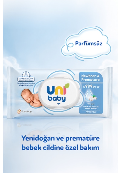 Uni Baby Newborn & Premature Yenidoğan Islak Pamuk Mendil 12x40 480 Yaprak 12'li Set