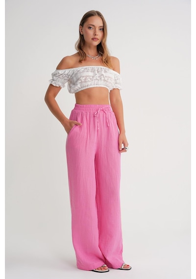 Mixray 4286 Kadın Bol Paça Beli Lastikli Müslin Palazzo Pantolon Pembe