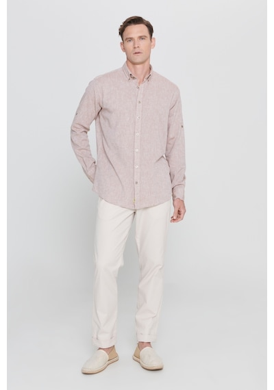 AC&Co / Altınyıldız Classics Erkek Camel Comfort Fit Rahat Kesim Düğmeli Yaka Casual Keten Gömlek Camel
