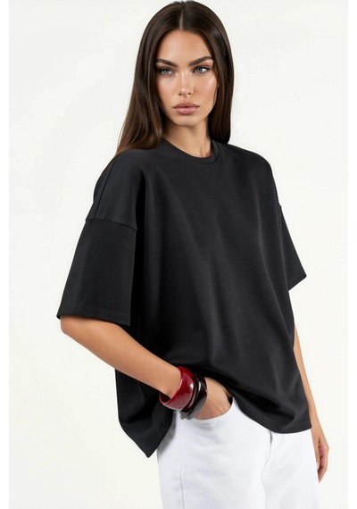 Hiccup Oversize Bisiklet Yaka Modal Touch Örme Tişört Siyah