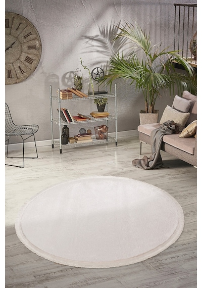 Vl Comfort Düz Saçaklı Peluş Halı Ekru Ekru Daire Düz Saçak
