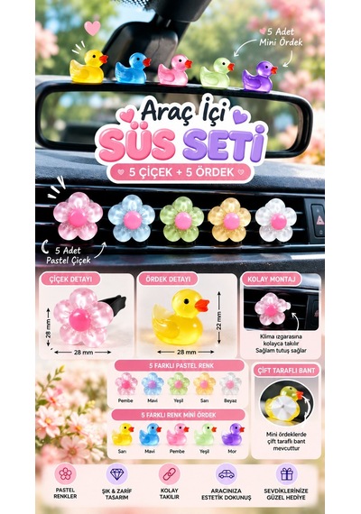 Araç İçi Süs Seti 10 Lu Pastel Çiçek & Mini Ördek Epoksi Dekorasyon Seti
