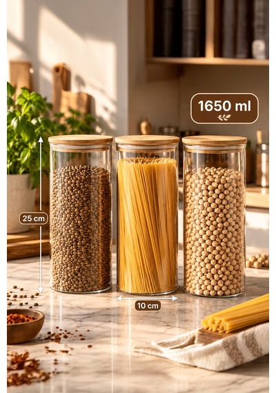 Porsima 3-3 Bambu Vakumlu Kapaklı Yuvarlak Borosilikat Cam 9lu Kavanoz Seti Saklama Kabı 1650ml 10x25cm Şeffaf