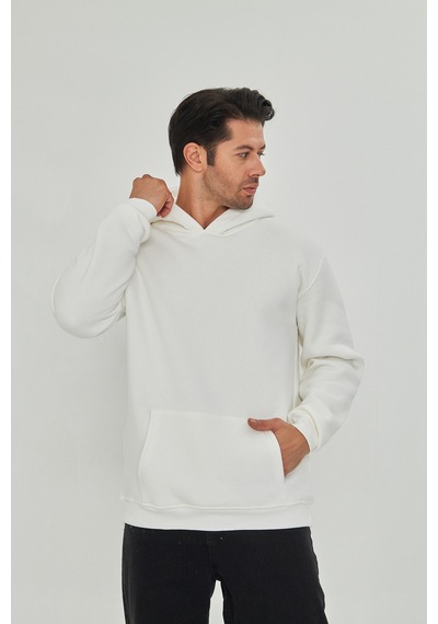 Pxm Erkek Beyaz 3 İplik Şardonlu Oversize Hoodie Kapüşonlu Sweatshirt Kırık Beyaz Kırık Beyaz