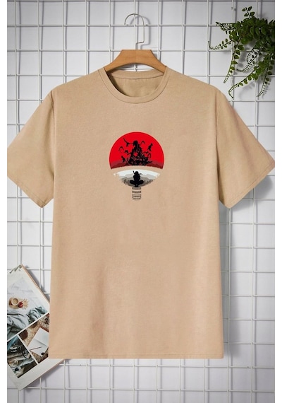 Unisex Itachi Uchiha Baskılı T-shirt Bej