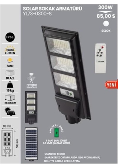 300w Beyaz Solarli Sokak Aydınlatmasi Sensörlü Kumandali Çok Renkli