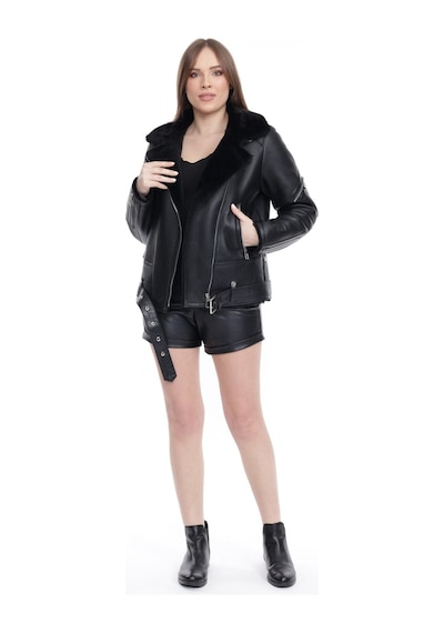 M M Marki Marki Kadın Siyah Hakiki Deri Ceket, Kruvaze Yaka, Kemerli Biker Model, Içi Kürklü - 109422
