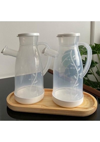 Bayev Ahşap Standlı 2'li 700 Ml Damlatmaz Özellikli Yağlık Seti