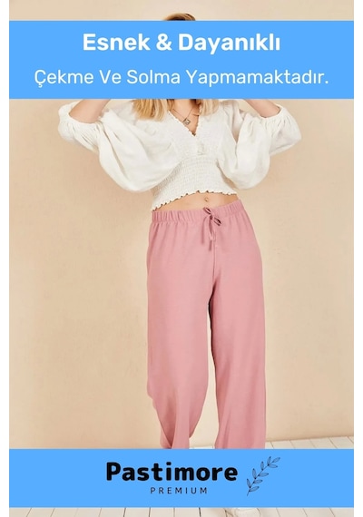 Yeni Sezon Terletmez Rahat Kalıp Beli Lastikli Bol Paça Salaş Yazlık Kadın Pembe Aerobin Pantolon Pembe