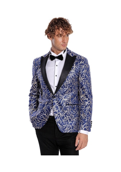 Wessi Işıltılı Sarmaşık Desenli Slim Fit Mavi Erkek Smokin Ceket Mavi